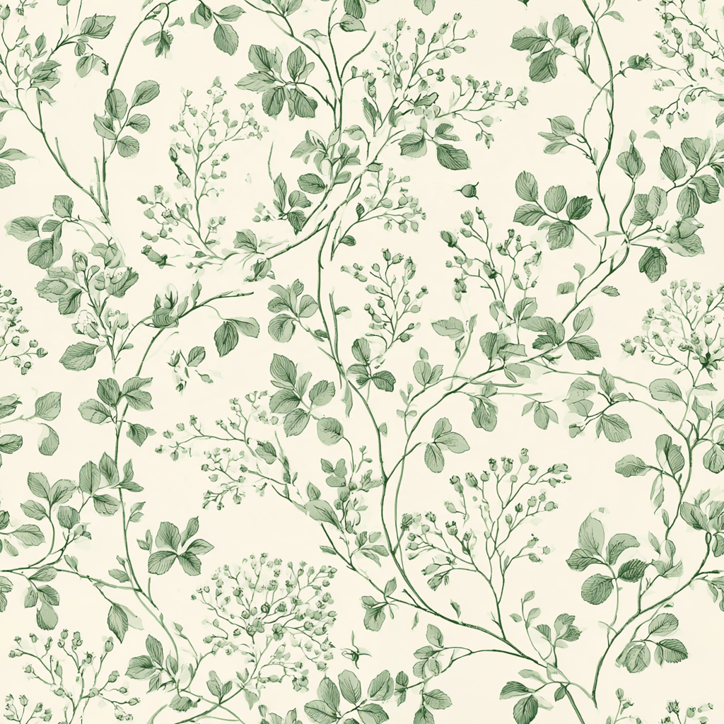 Vintage botanical wallpaper of small leaves and berries in muted green on cream
