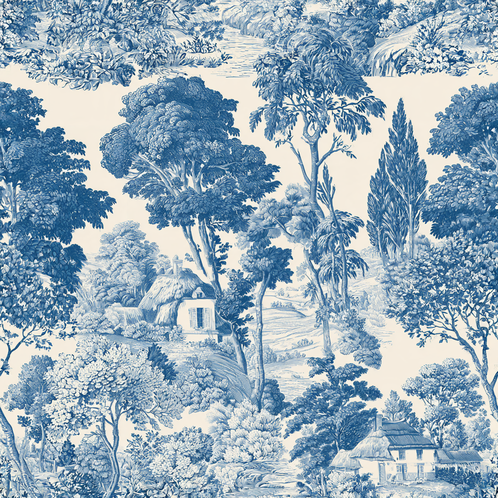 Toile de Jouy pattern of pastoral scenes with trees and cottages, blue ink on cream
